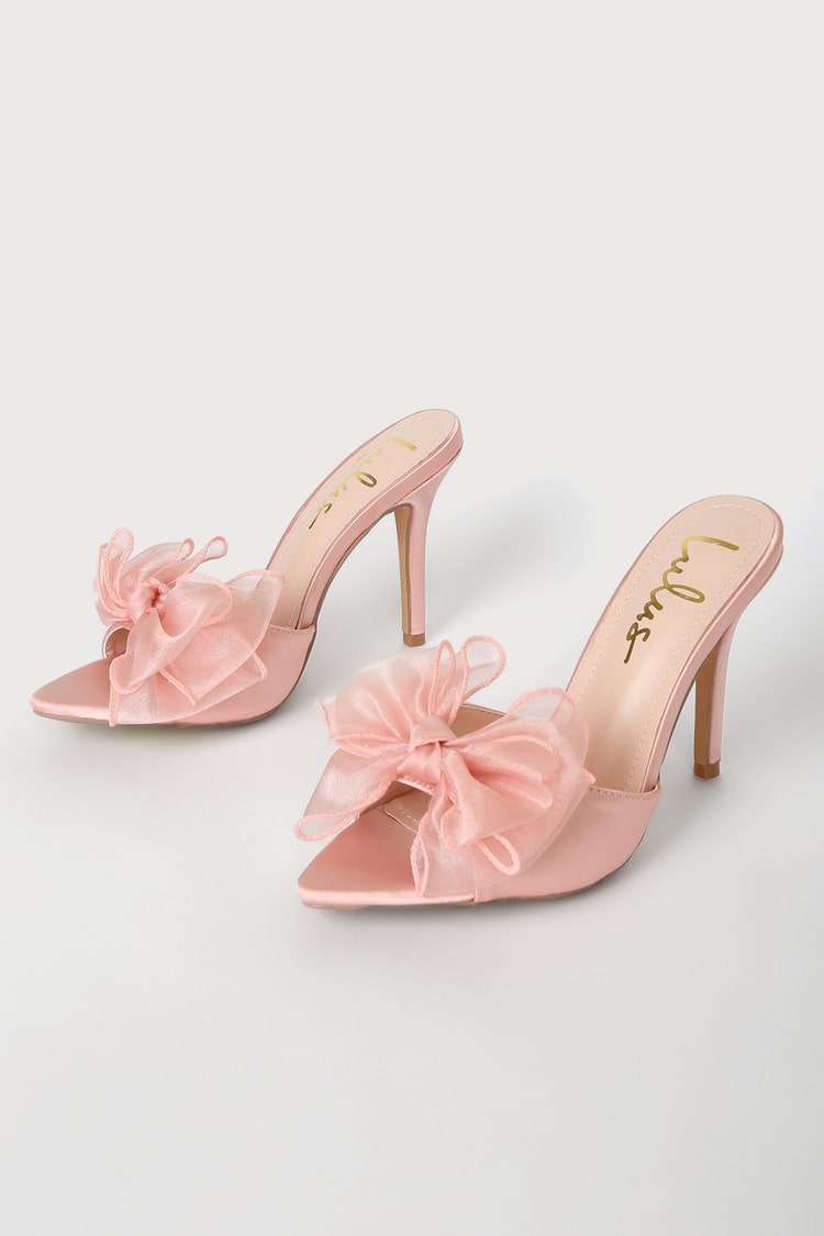 Rose Pink Satin Heels - Stiletto High Heels - Bow Slide Heels - Lulus