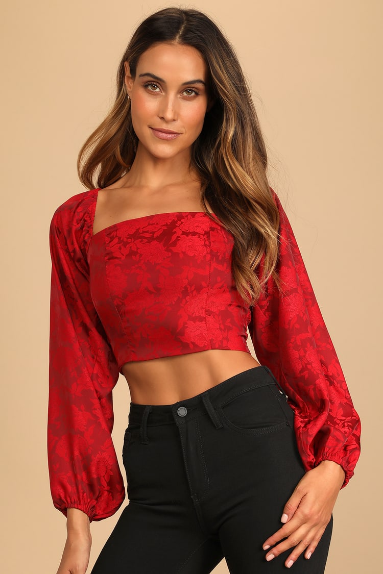 Red Lace-Up Top - Floral Jacquard Top - Crop Top - Smocked Top - Lulus