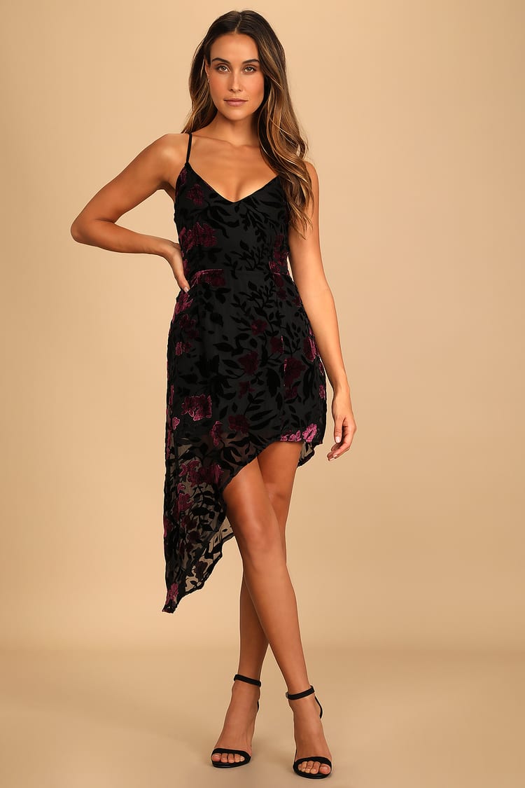 Black Floral Dress - Velvet Burnout Dress - Asymmetrical Dress - Lulus