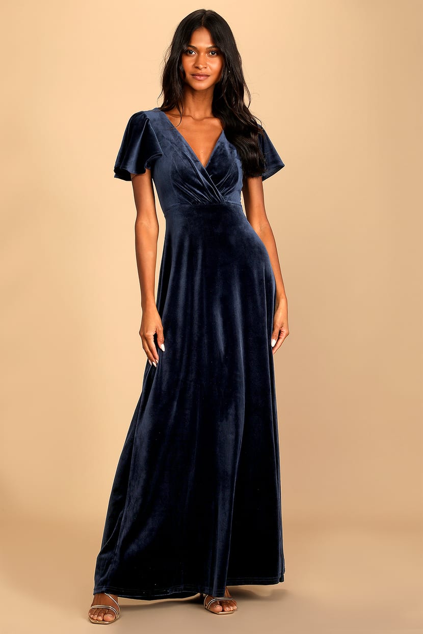 Navy Blue Maxi Dress - Velvet Maxi Dress - Flutter Sleeve Dress - Lulus
