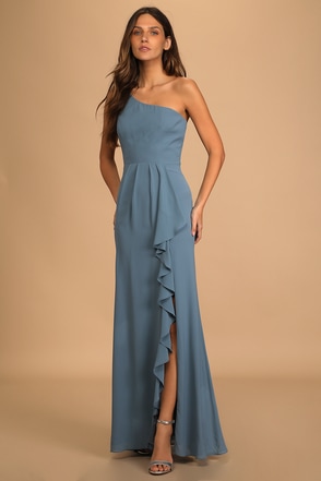 Slate Blue Dress - One-Shoulder Maxi Dress - Ruffled Dress - Lulus