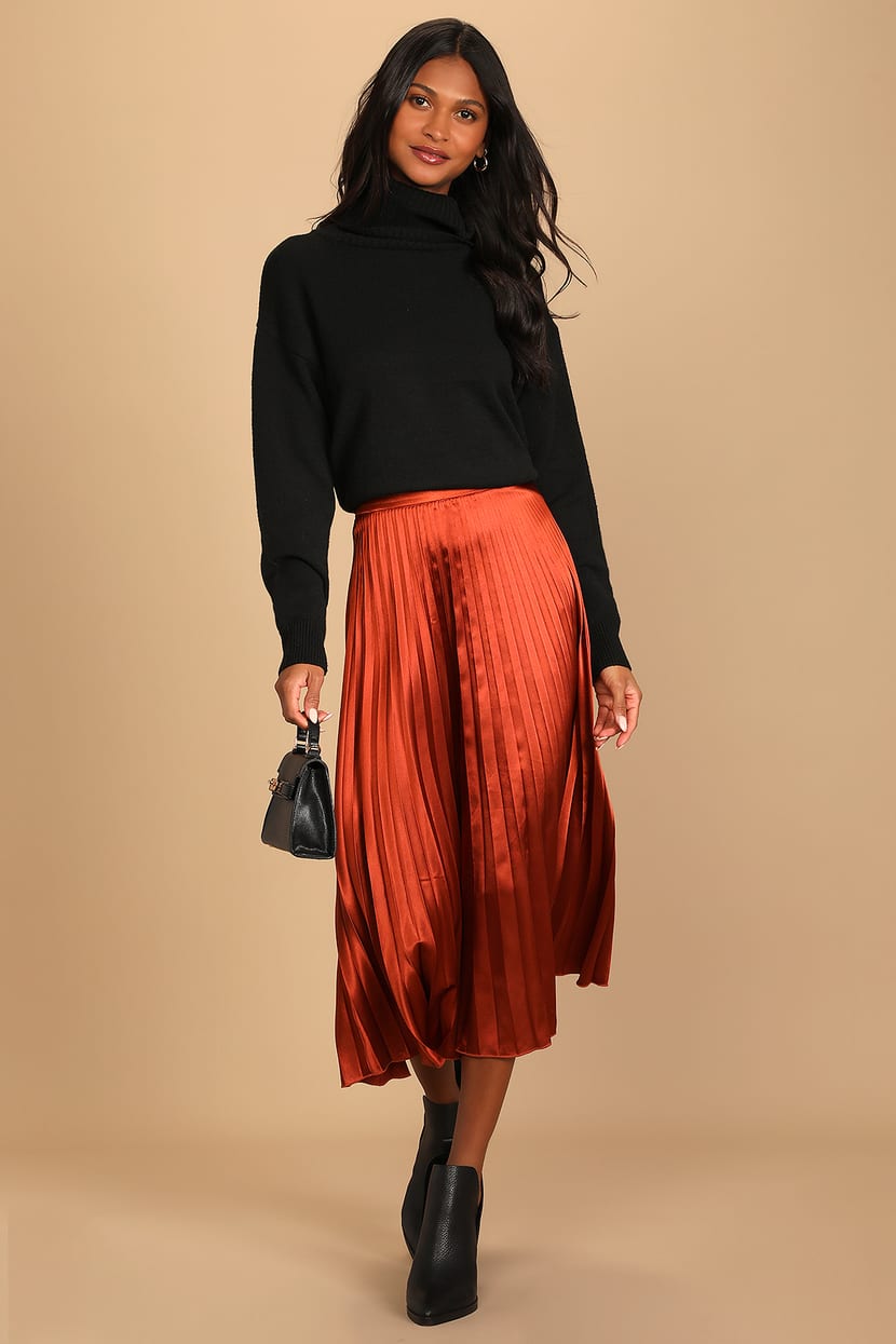 Chic Rust Brown Satin Skirt - Midi Pleated Skirt - Satin Skirt - Lulus
