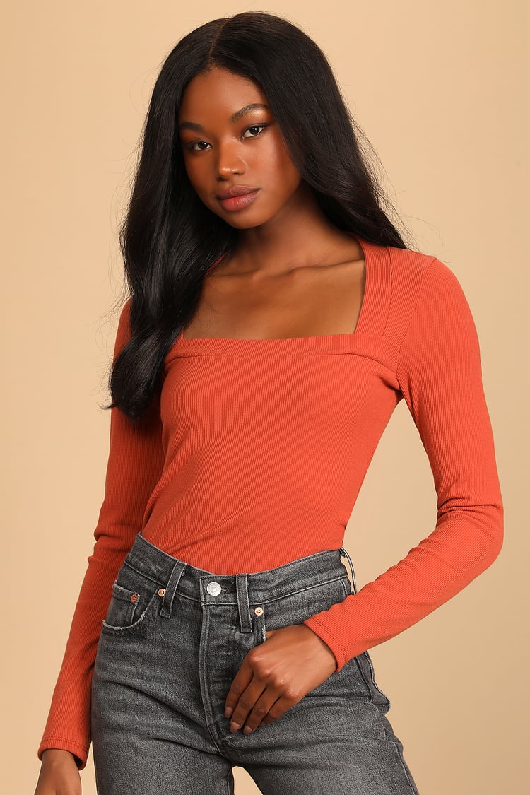 Orange Top - Long Sleeve Top - Square Neck Top - Women's Tops - Lulus