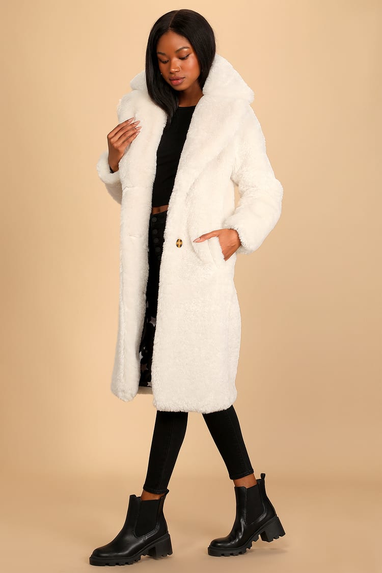 Lulus Cream Faux Fur Coat - Collared Longline Coat
