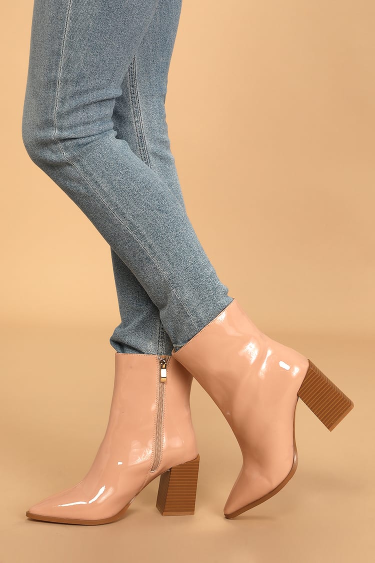 Light Nude Patent Boots - Pointed-Toe Booties - Shiny Ankle Boots - Lulus