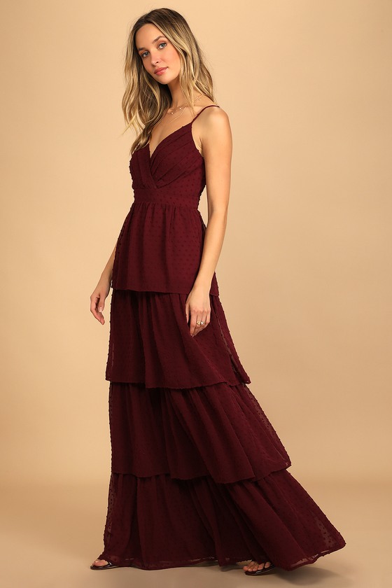 Burgundy Maxi Dress Tiered Maxi Dress Swiss Dot Gown Lulus