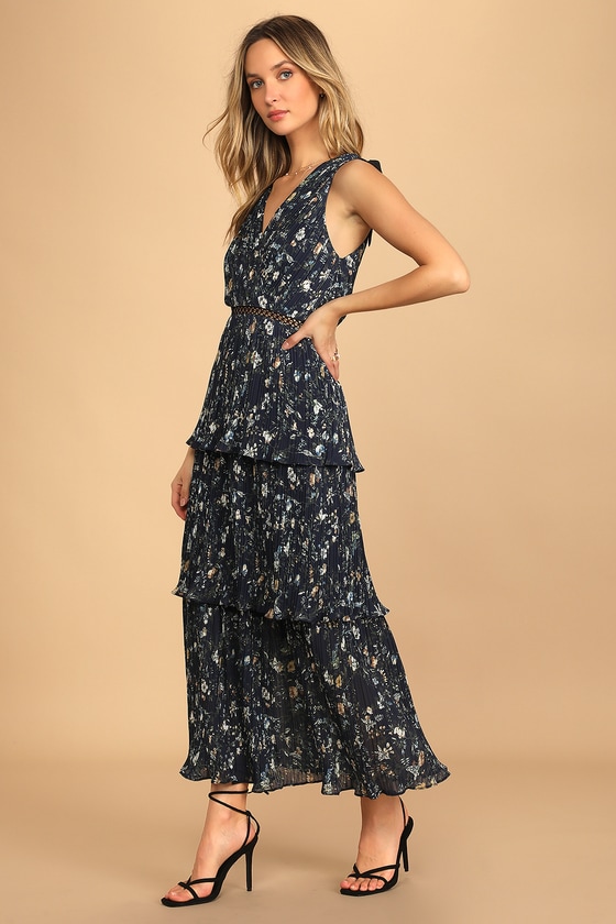 Such Sophistication Navy Blue Floral Print Pleated Maxi Dress