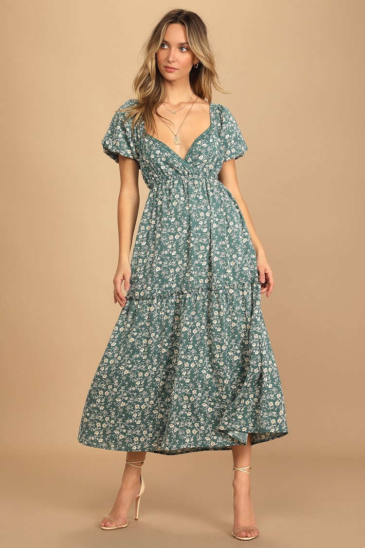 Teal Floral Print Dress - Puff Sleeve Dress - Tiered Midi Dress - Lulus