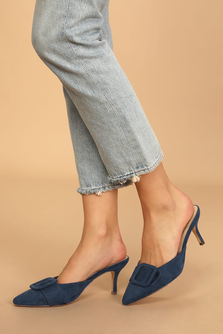 Blue Suede Mules - Pointed-Toe Mules - Buckled Mules - Lulus