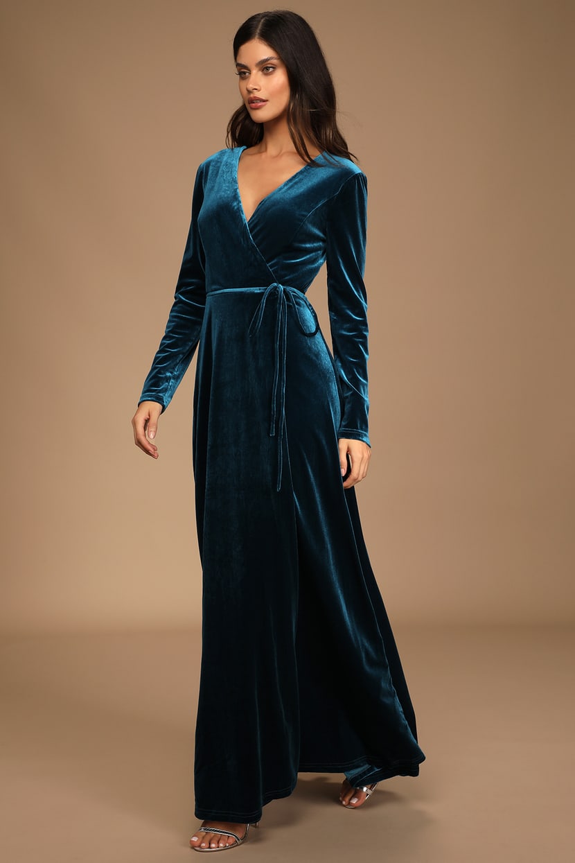 Lovely Teal Blue Dress - Long Sleeve Dress - Velvet Wrap Maxi - Lulus