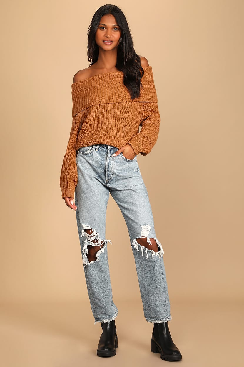 Cute Light Brown Sweater - Off-the-Shoulder Sweater - Sweater - Lulus