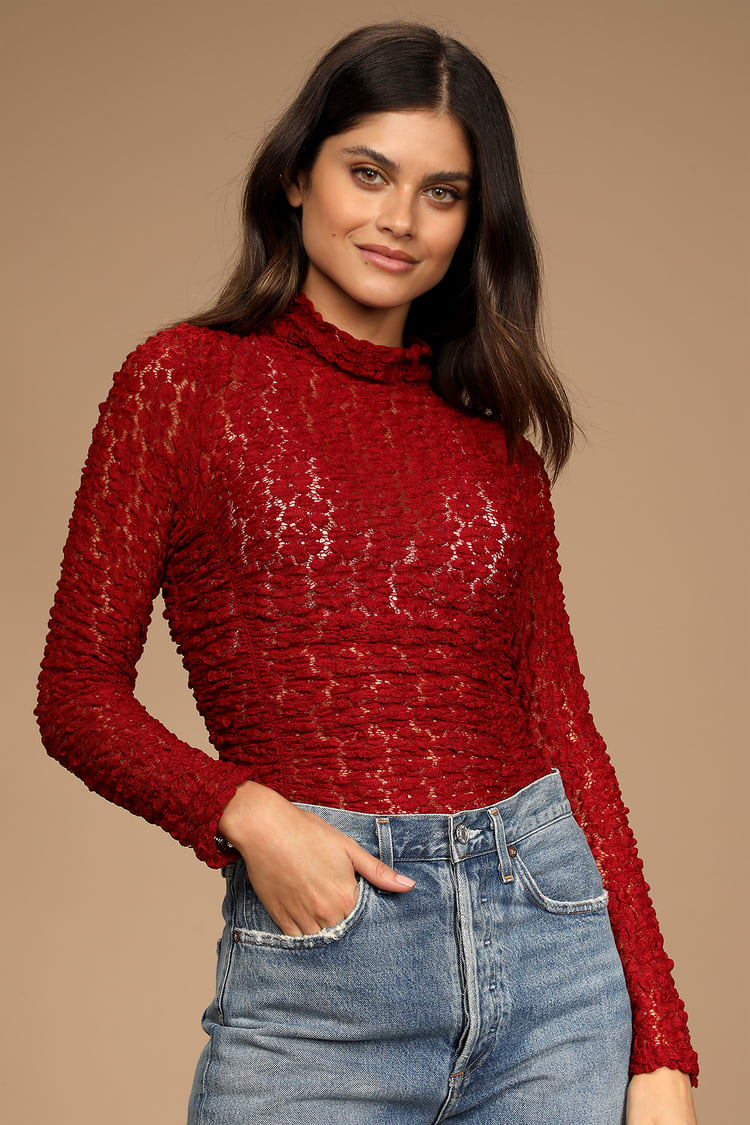 Free People Day and Night Lace Bodysuit - Wine Red Bodysuit - Lulus