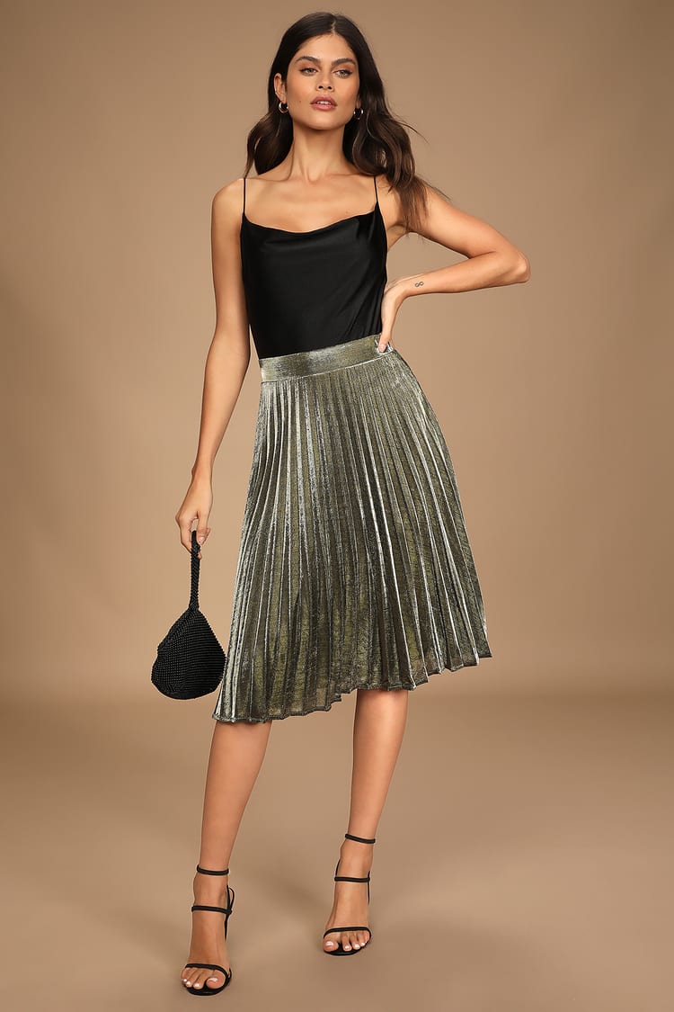 Luxe Gold Skirt - Pleated Skirt - Midi Skirt - Metallic Skirt - Lulus