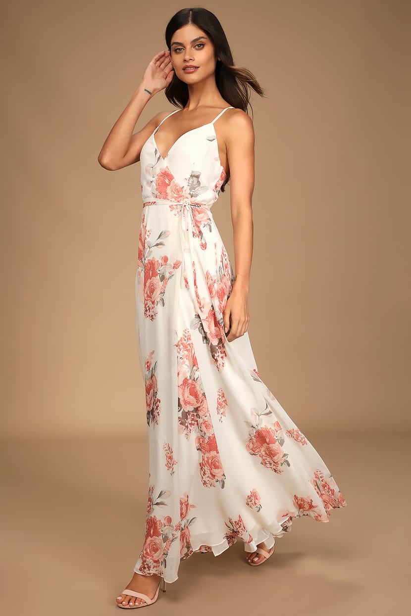 Lovely Cream Floral Print Dress - Wrap Dress - Maxi Dress - Lulus