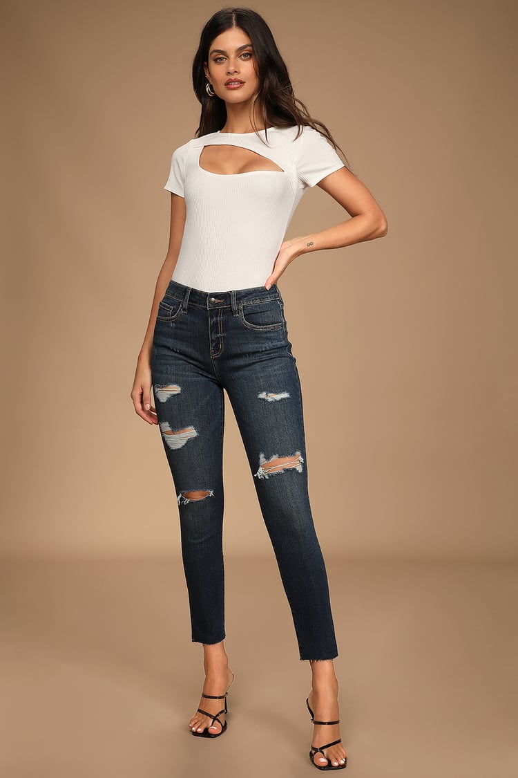 Cute Dark Wash Jeans -Distressed Jeans -High Waisted Jeans - Lulus