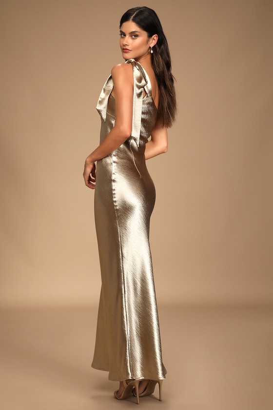 Lavish Looks Gold Satin One-Shoulder Tie-Strap Maxi Dress