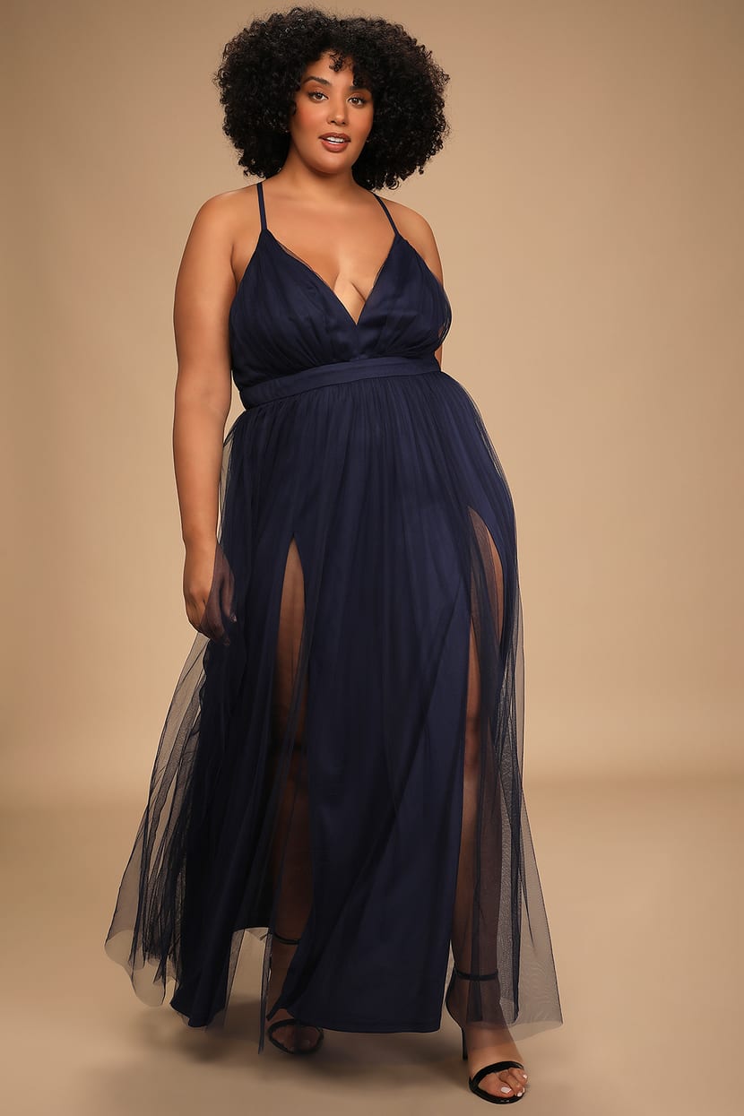 Sexy Navy Blue Dress - Tulle Maxi Dress - Leg Slit Maxi Dress - Lulus
