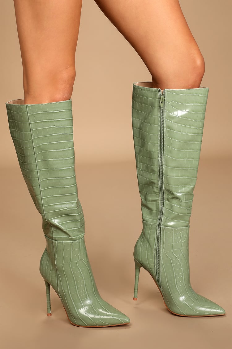 Mint Green Crocodile Boots - Knee-High Boots - Pointed-Toe Boots - Lulus