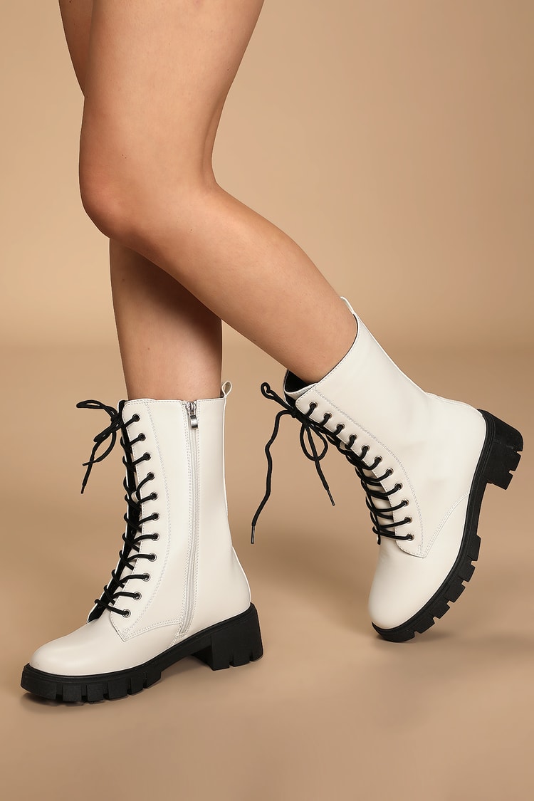 White Boots - Lace-Up Boots - Mid-Calf Boots - Lug Sole Boots - Lulus