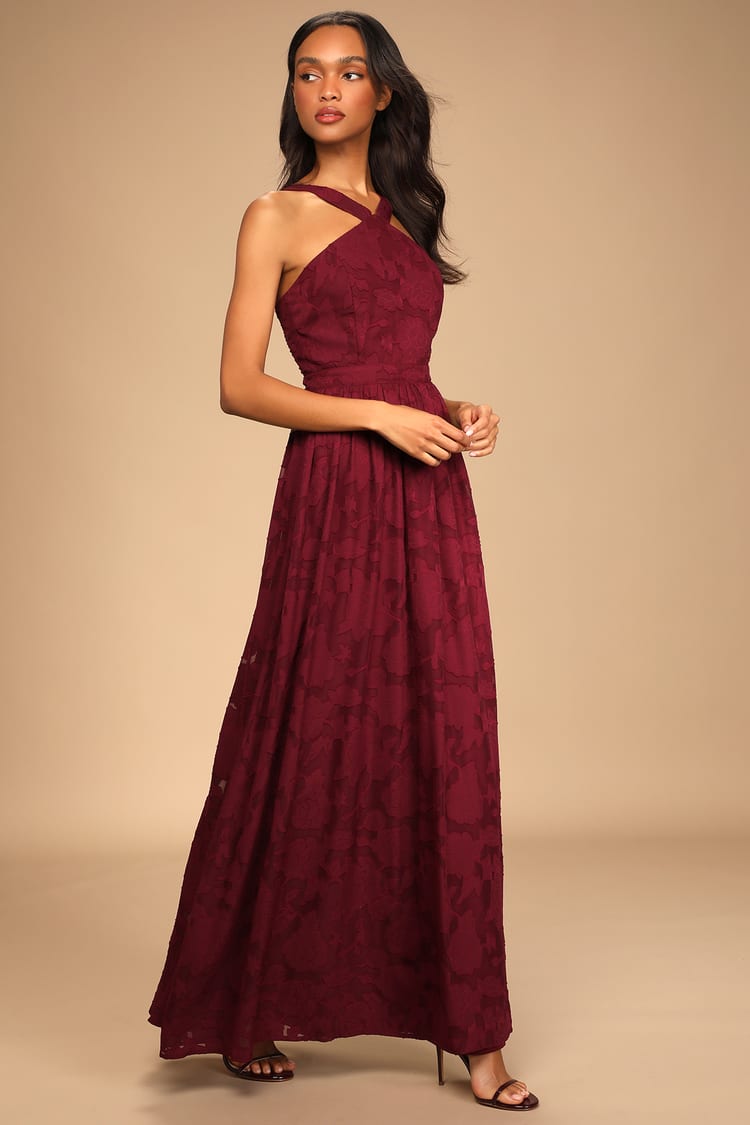 Wine Red Maxi Dress - Burnout Floral Dress - Halter Neck Dress - Lulus