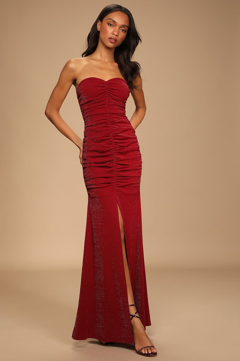 Sexy Wine Red Dress - Glitter Maxi Dress - Ruched Maxi Gown - Lulus