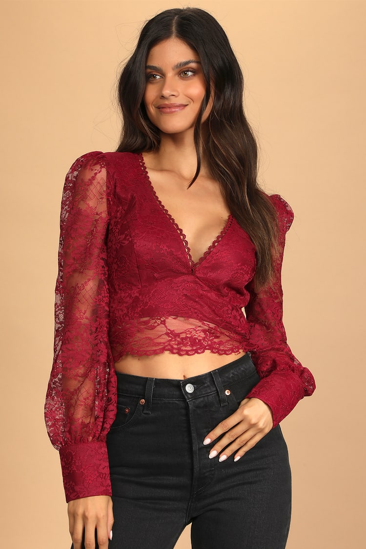 Burgundy Lace Top - Sheer Lace Top - Women's Tops - Sexy Top - Lulus