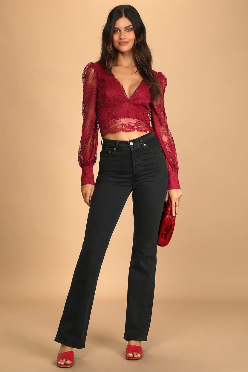 Sultry Allure Burgundy Lace V-Neck Long Sleeve Crop Top