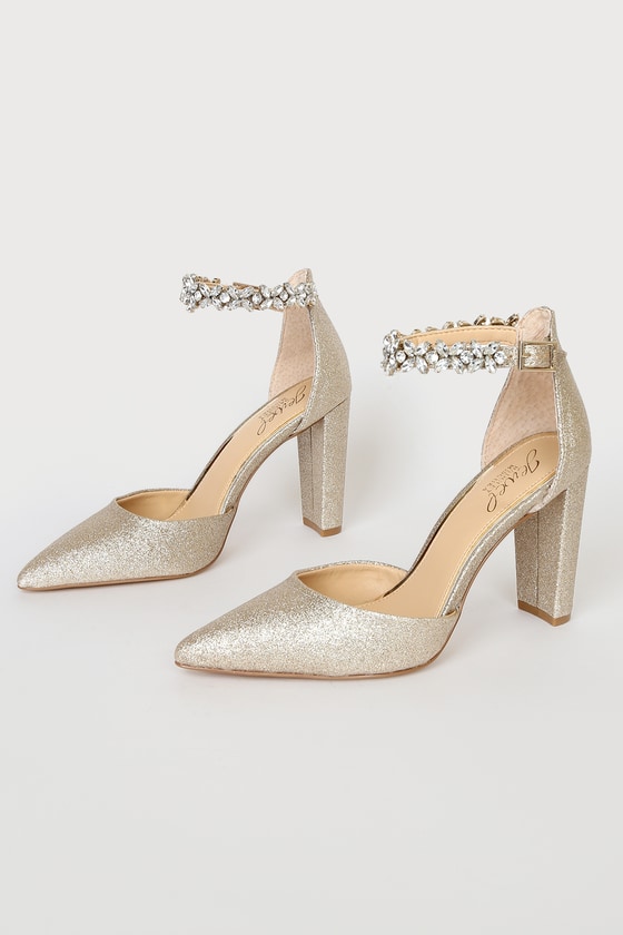 Ollie Gold Glitter Rhinestone Ankle Strap Pumps