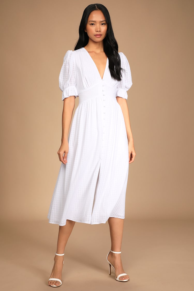 White Button-Up Dress - Puff Sleeve Midi Dress - Gingham Dress - Lulus
