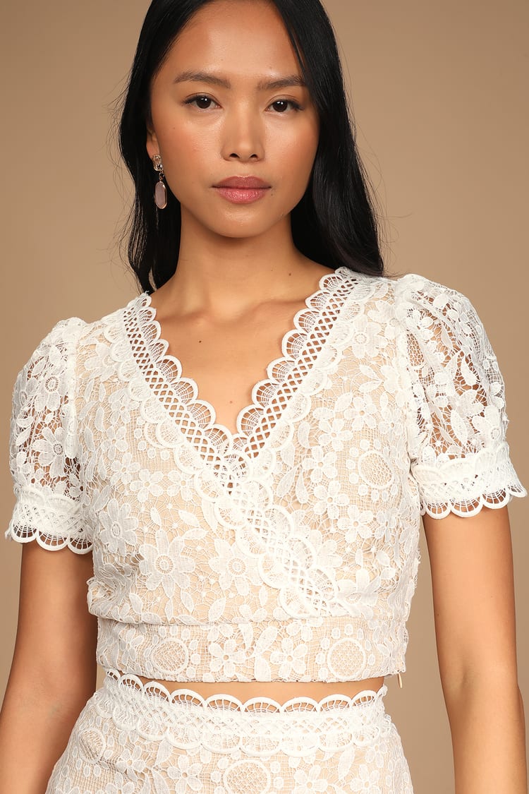 Aubrina Lace Corset Crop Blouse  White lace crop top, Lace cami top, White  shirt blouse
