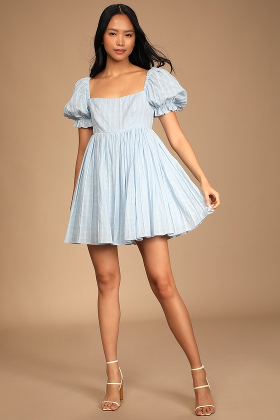 Light Blue Puff Sleeve Dress - Babydoll Dress - Square Neck Dress - Lulus