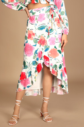 White Floral Print Skirt - Midi Wrap Skirt - Ruffled Midi Skirt - Lulus