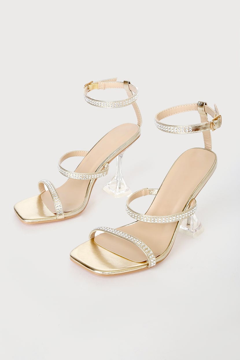 Gold High Heel Sandals - Rhinestone Heels - Ankle Strap Heels - Lulus
