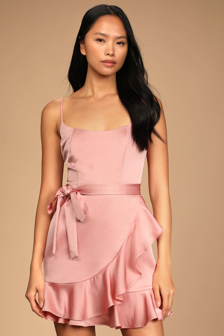Blush Pink Dress - Satin Mini Dress - Satin Wrap Dress - Lulus