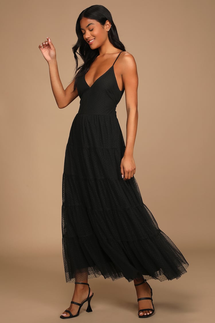 Black Midi Dress - Dotted Dress - Tiered Dress - Tie-Back Dress - Lulus