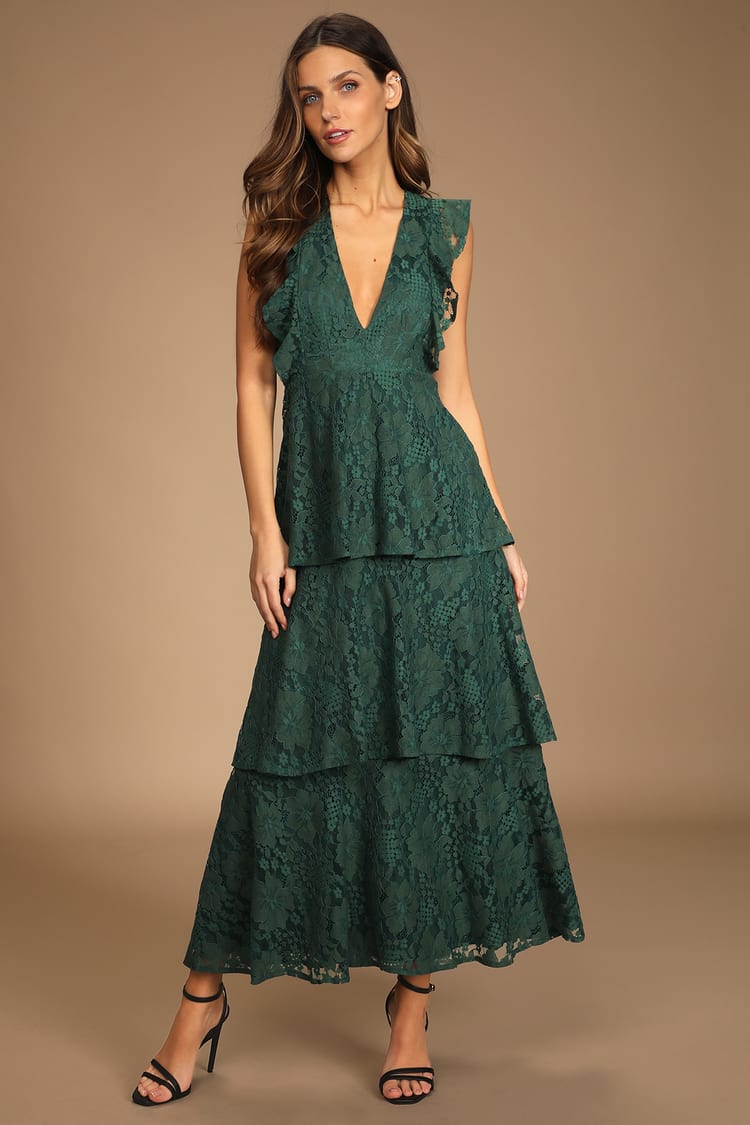 Lovely Forest Green Dress - Lace Dress - Maxi Dress - Tiered Maxi - Lulus