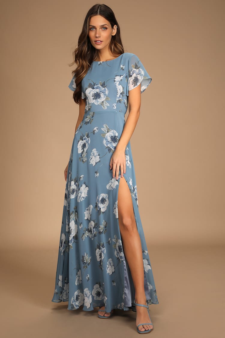 Slate Blue Floral Print Dress - Tie-Back Maxi Dress - Maxi Dress - Lulus
