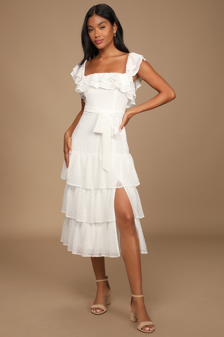 White Dress - Swiss Dot Midi Dress - Tiered Midi Dress - Lulus