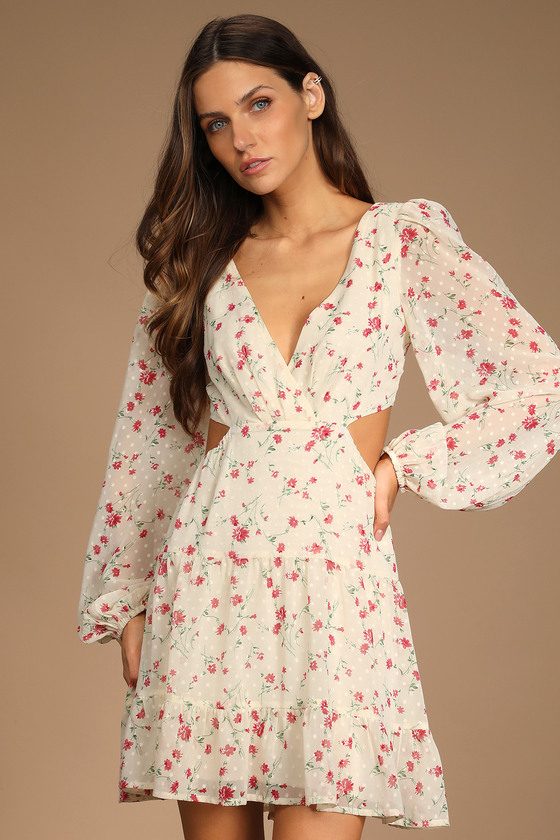 Cream Floral Dress - Long Sleeve Mini Dress - Backless Mini Dress - Lulus