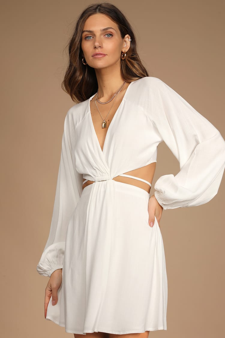 White Long Sleeve Dress - Skater Mini Dress - Cutout Dress - Lulus