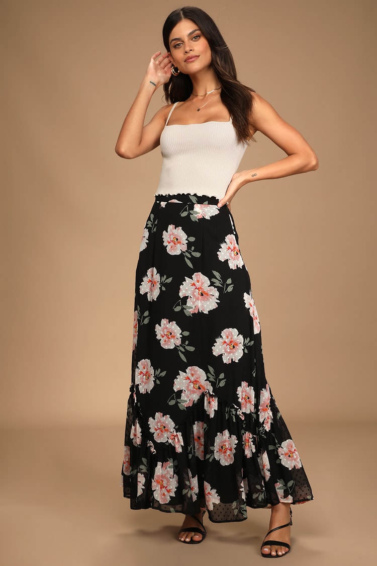Black Maxi Skirt - Floral Print Skirt - Ruffled Maxi Skirt - Lulus