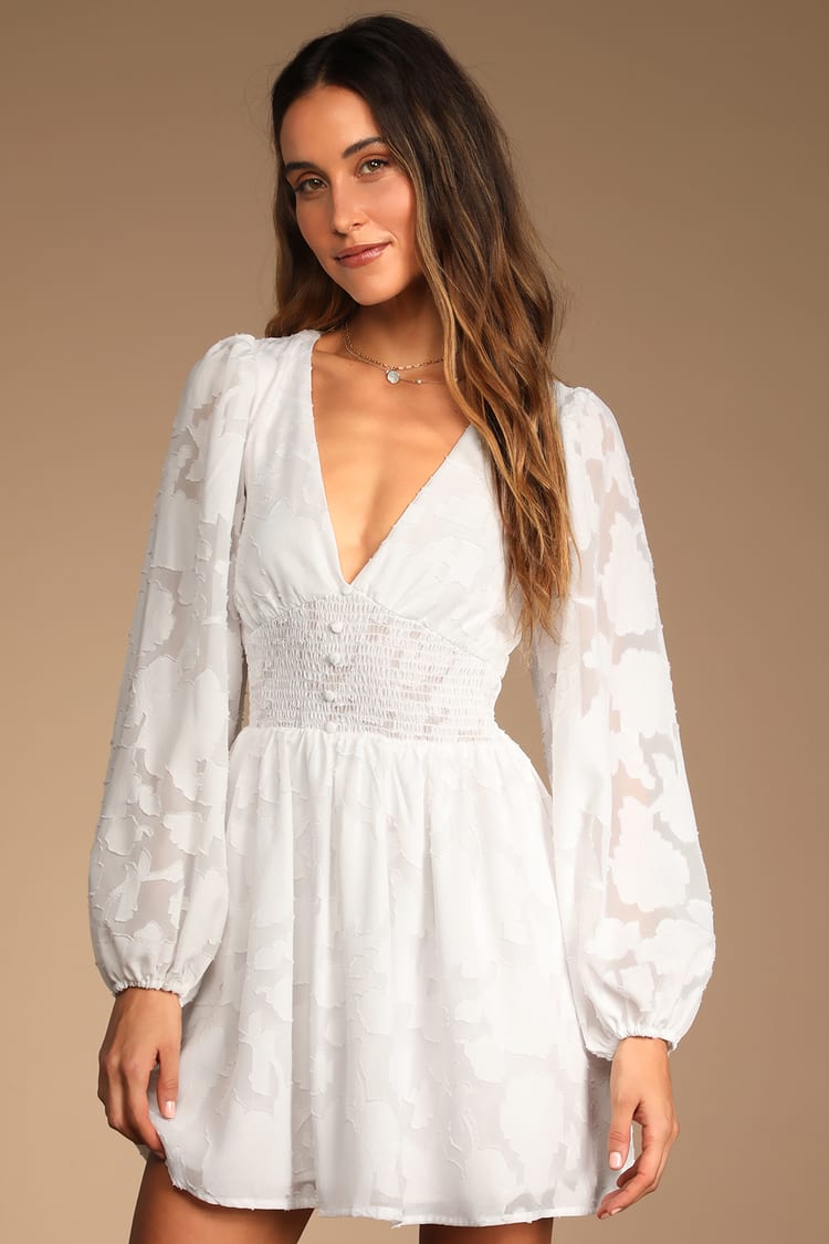 White Mini Dress - Burnout Floral Dress - Skater Dress - Lulus