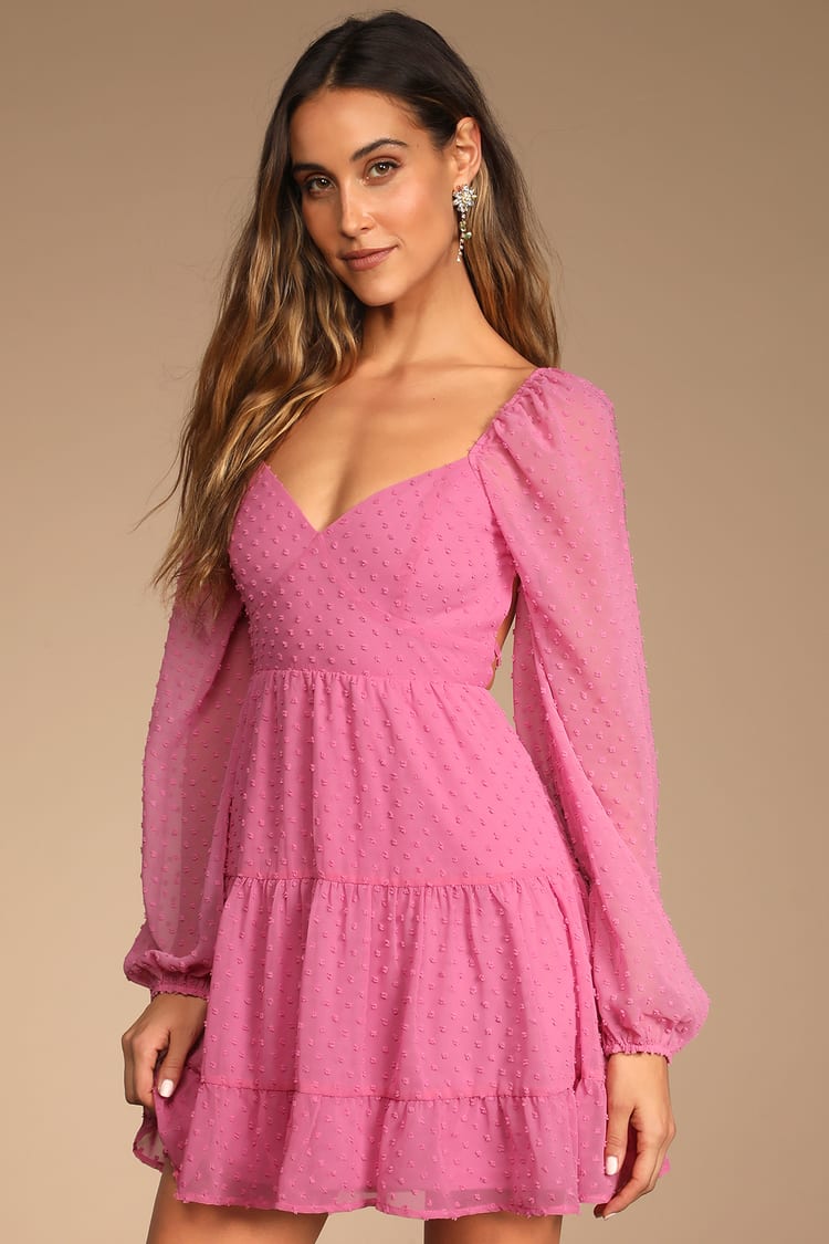 Pink Swiss Dot Dress - Puff Sleeves Dress - Tiered Mini Dress - Lulus