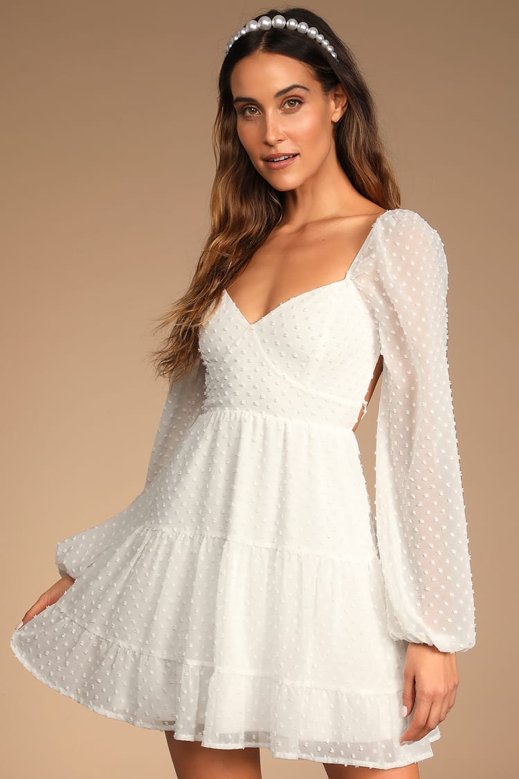 White Swiss Dot Dress - Puffed Sleeves Dress - Tiered Mini Dress - Lulus