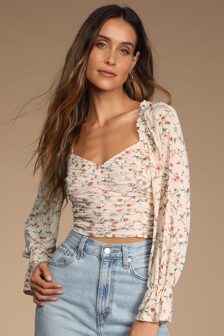 Peach Floral Top - Ruched Top - Women's Top - Long Sleeve Top - Lulus