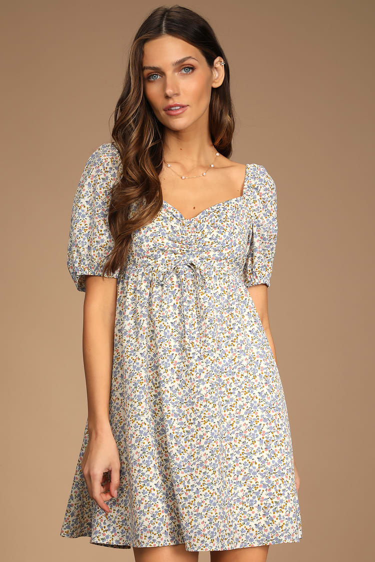 Ivory Floral Print Dress - Puff Sleeve Dress - Cinched Mini Dress - Lulus