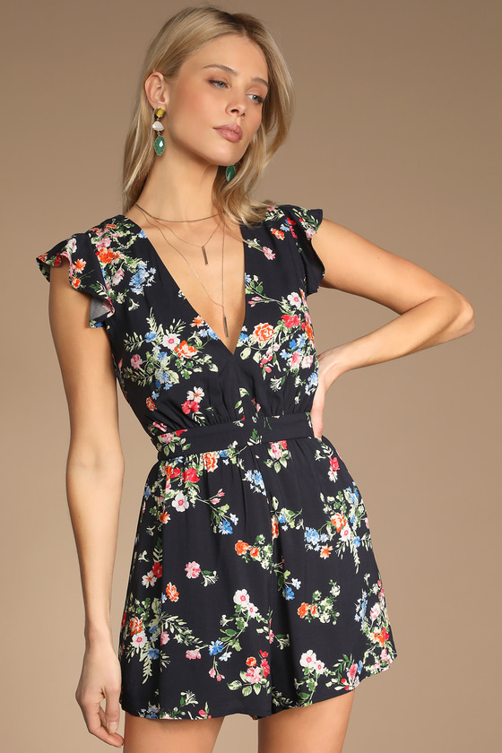 Navy Blue Romper Ruffled Romper Floral Print Romper Lulus 0140