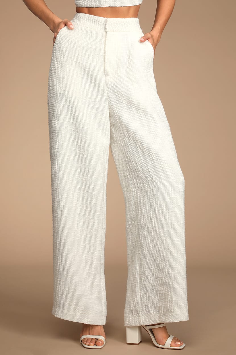 Ivory Tweed Pants - Wide-Leg Pants - High-Waisted Trouser Pants - Lulus