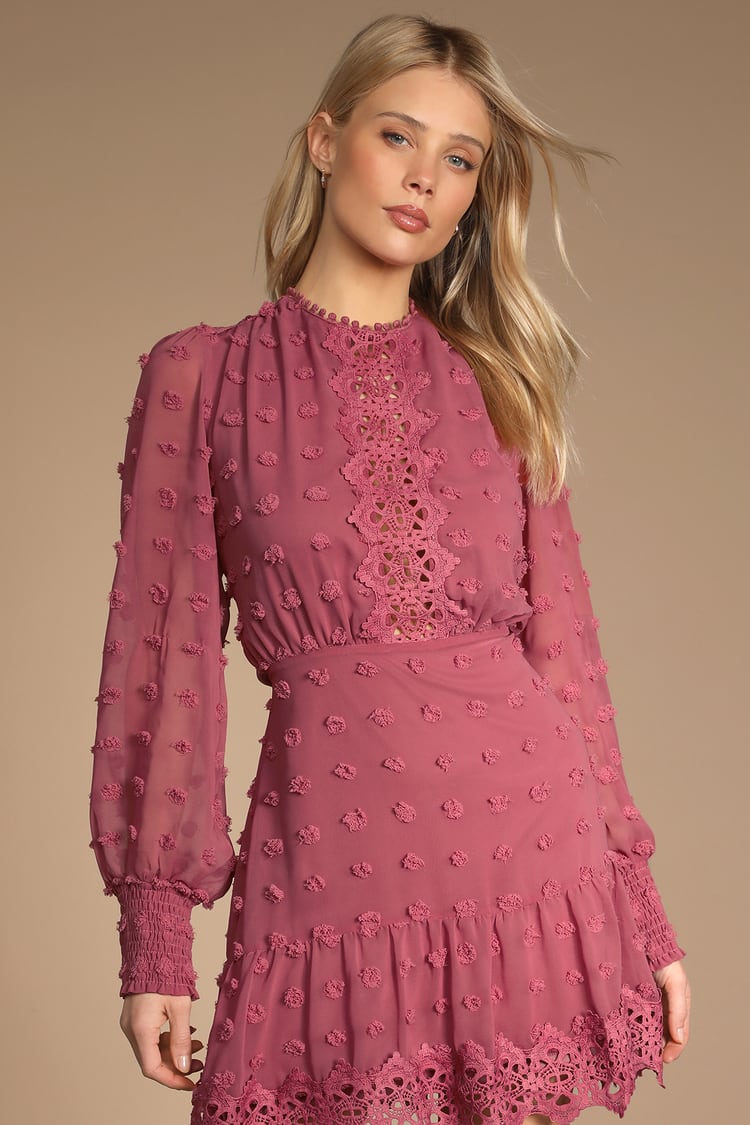 Mauve Dress - Embroidered Long Sleeve Dress - Ruffled Dress - Lulus