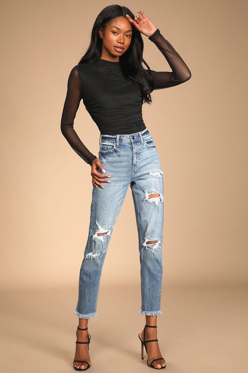 Medium Wash Jeans - Distressed High-Rise Jeans - Frayed Mom Jeans - Lulus
